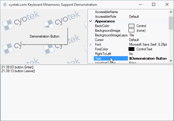 In this final demonstration, we see pressing Alt+D triggering the Click event of the button. Mission accomplished! In this final demonstration, we see pressing Alt+D triggering the Click event of the button. Mission accomplished!